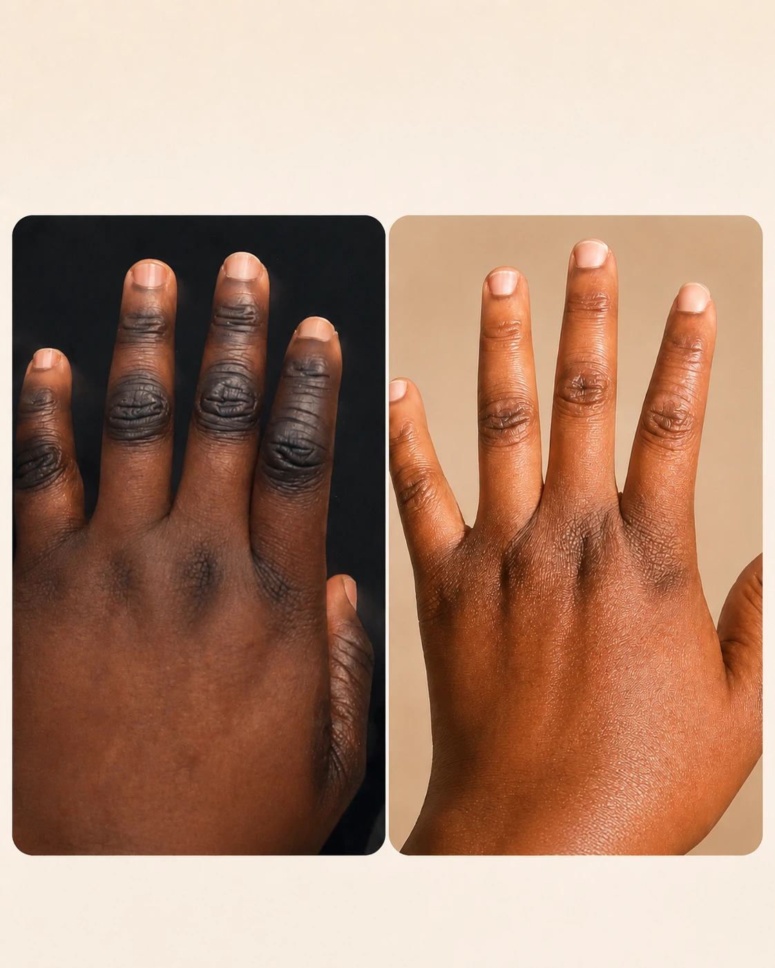 Résultat avant-après Maya Cosmétique sur les mains